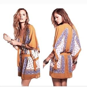 Free People Santa Cruz Boho Kimono Mini Dress in Goldenrod Combo size M